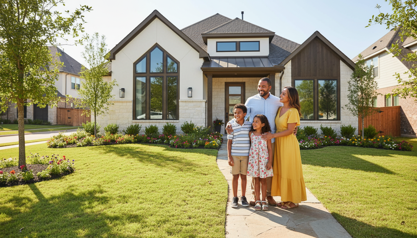 Happy family in front of new home